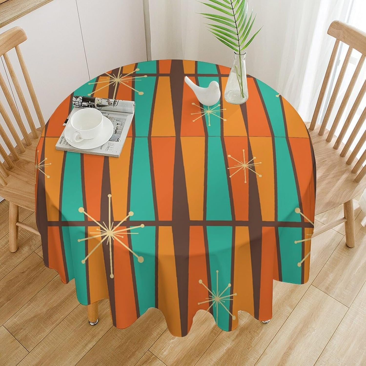 Century Textile & Sewing Supply Photos - Mid-Century Modern Orange-Gelbe Geometrie-Tischdecke, Retro Bunte