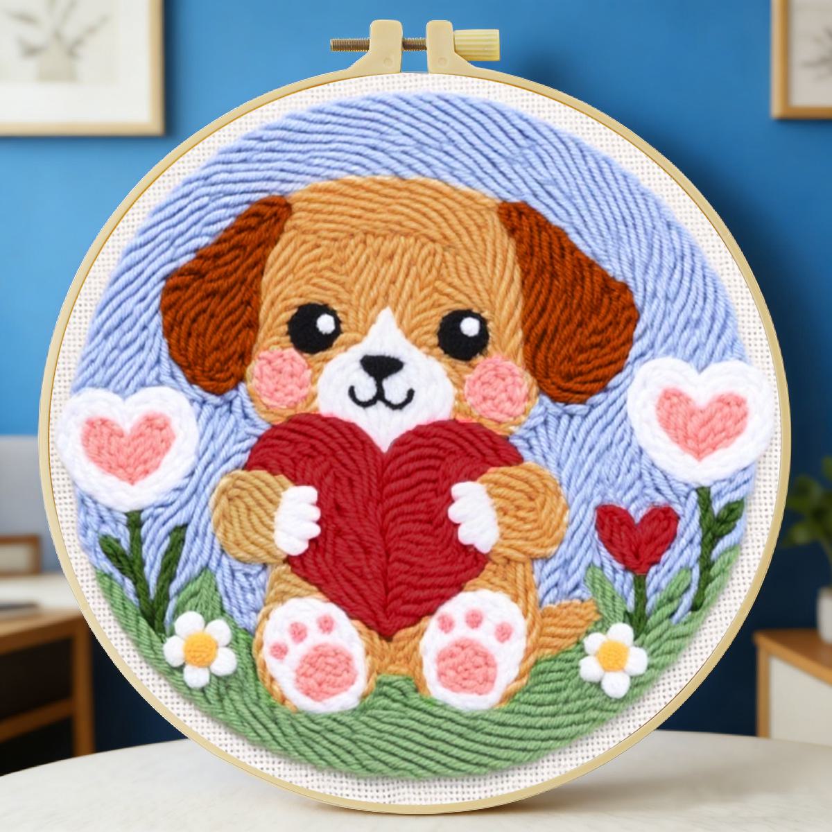 Sewing Textile Art - 20x20cm/7,87 Zoll Hunde-Punch-Needle-Stickset – DIY-Handarbeitsgeschenk für