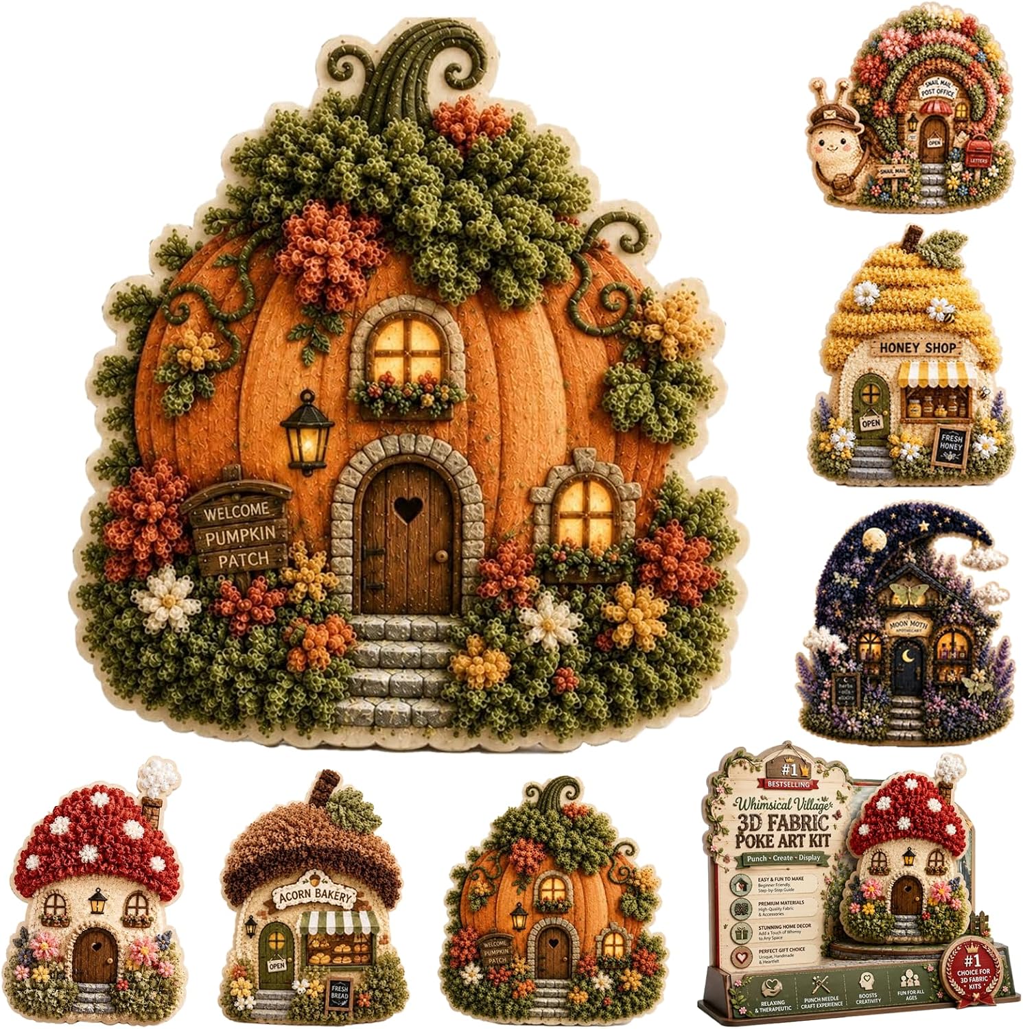 Sewing Textile Art - DIY 3D Stoff-Poke-Art-Set: Fantasievolles Kürbis-Häuschen, kein