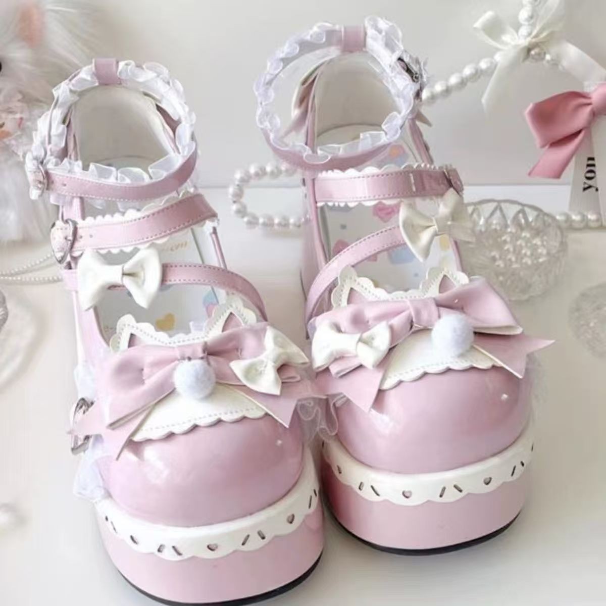 Sewing Nylon - Schöne Mädchen-Lolita-Schuhe mit süßen Schleifen, Plateau-Schuhe,
